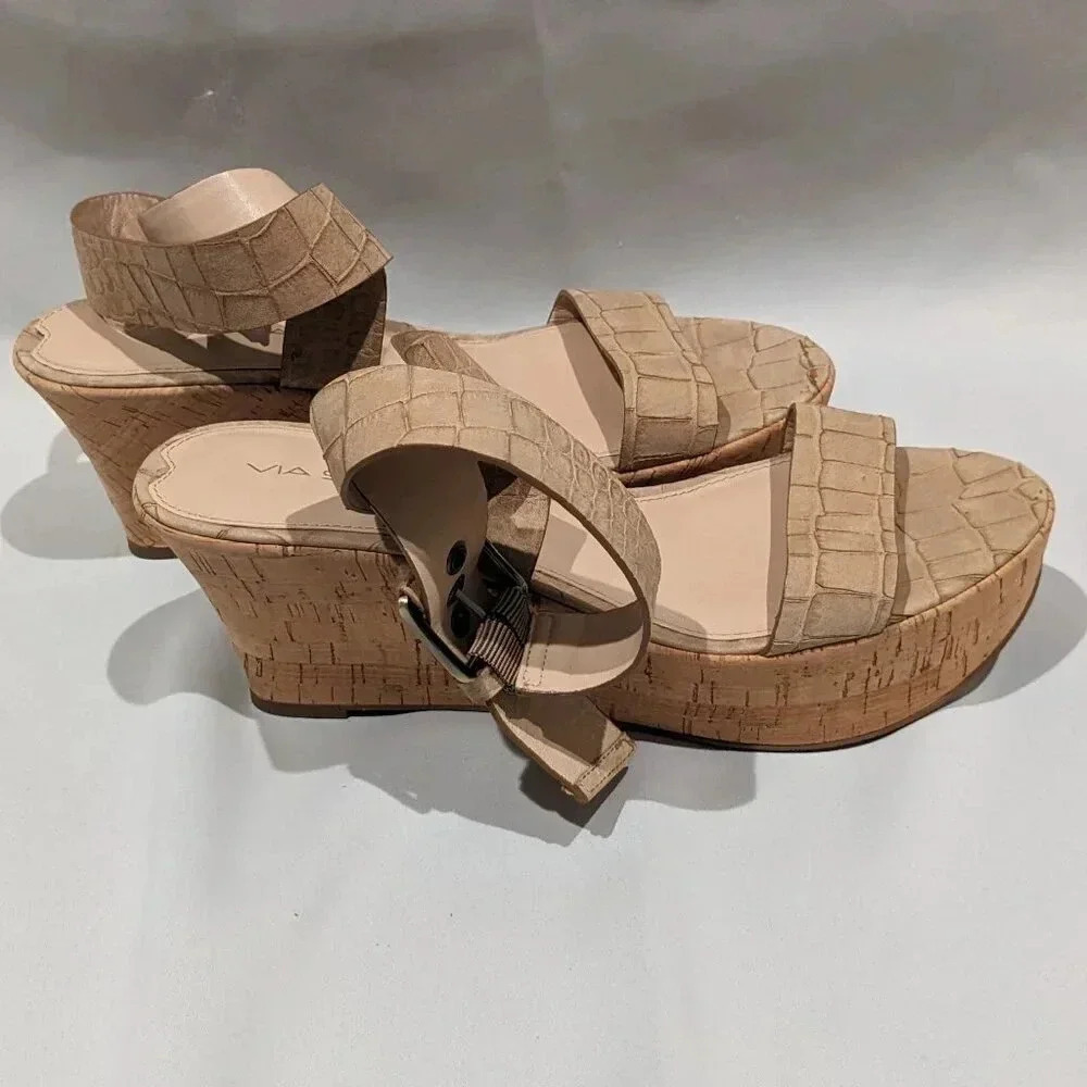 Via Spiga Ecstacy Cork Platform Wedges Sandal Boho Chic Leather Tan Size 8.5M